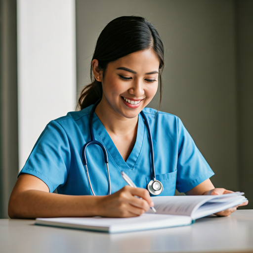 Smiling nursing student reviewing notes